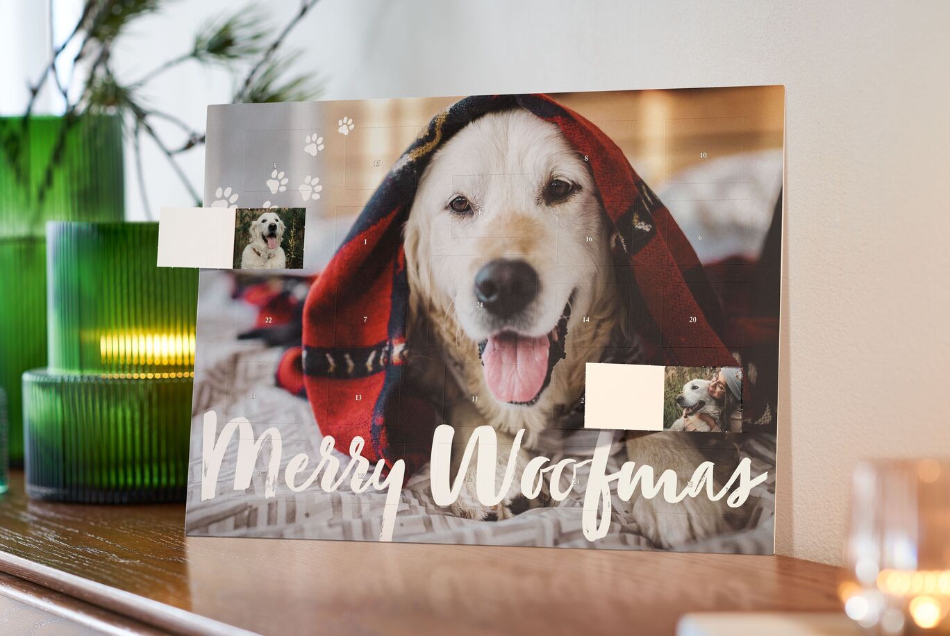 Christmas greeting card featuring a dog and cheerful messages.