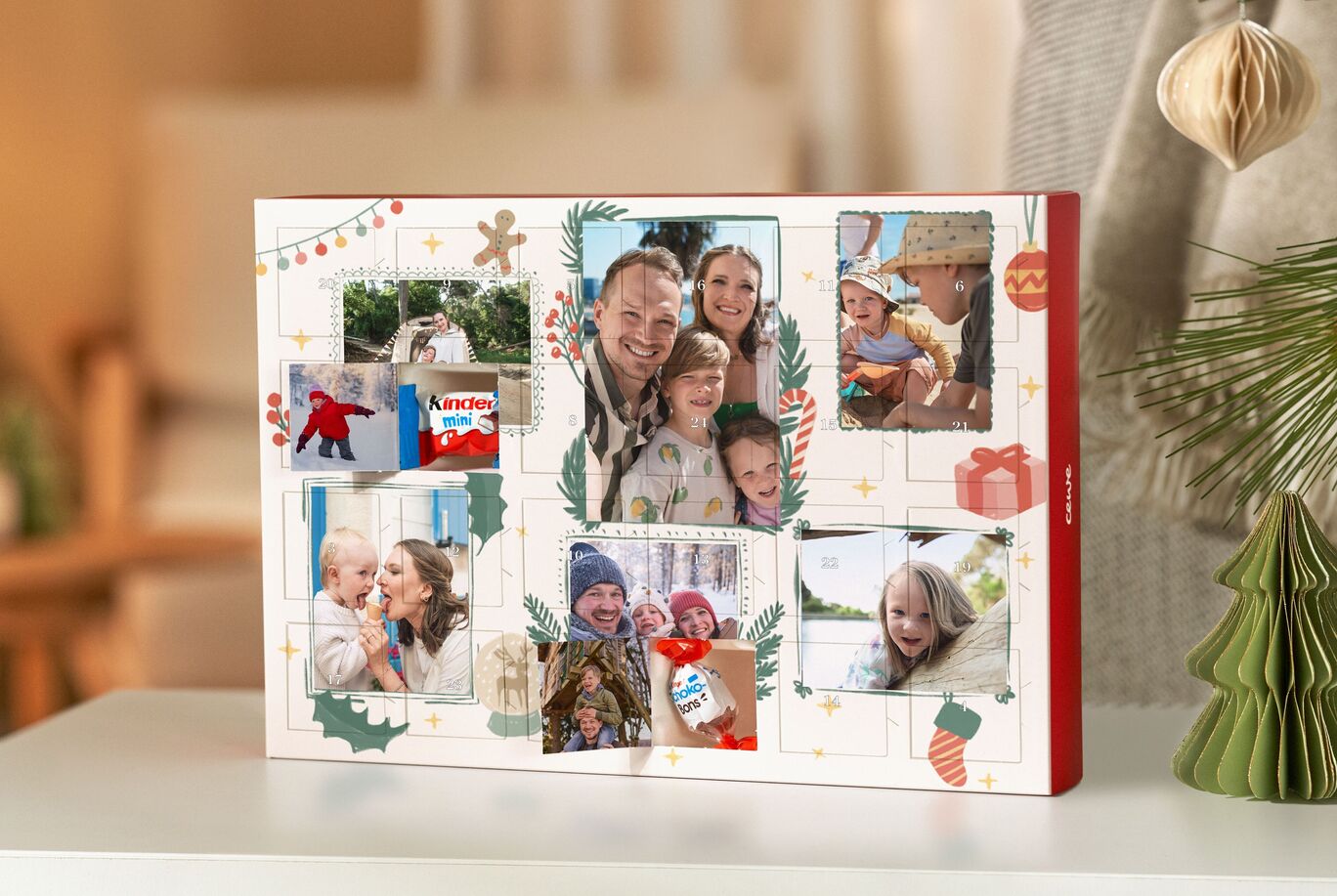 A fun family photo book with colorful vacation memories on a table.